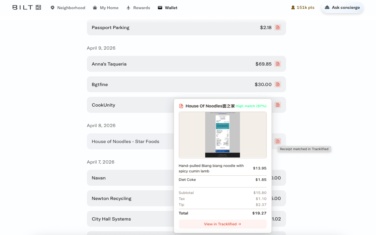 Extension showing receipt match