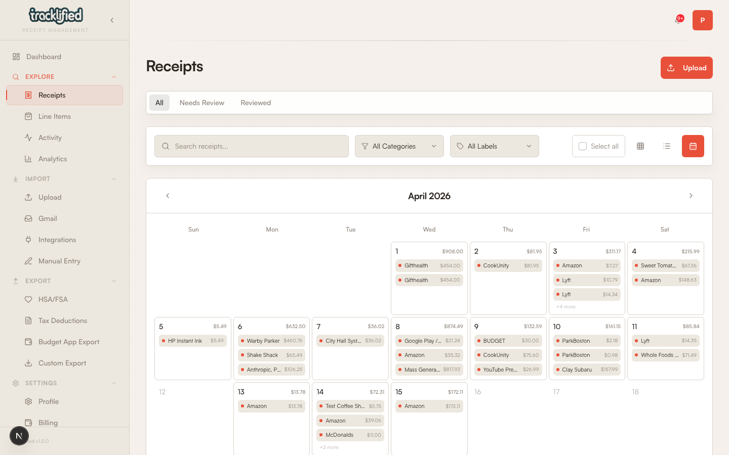 Receipts calendar view