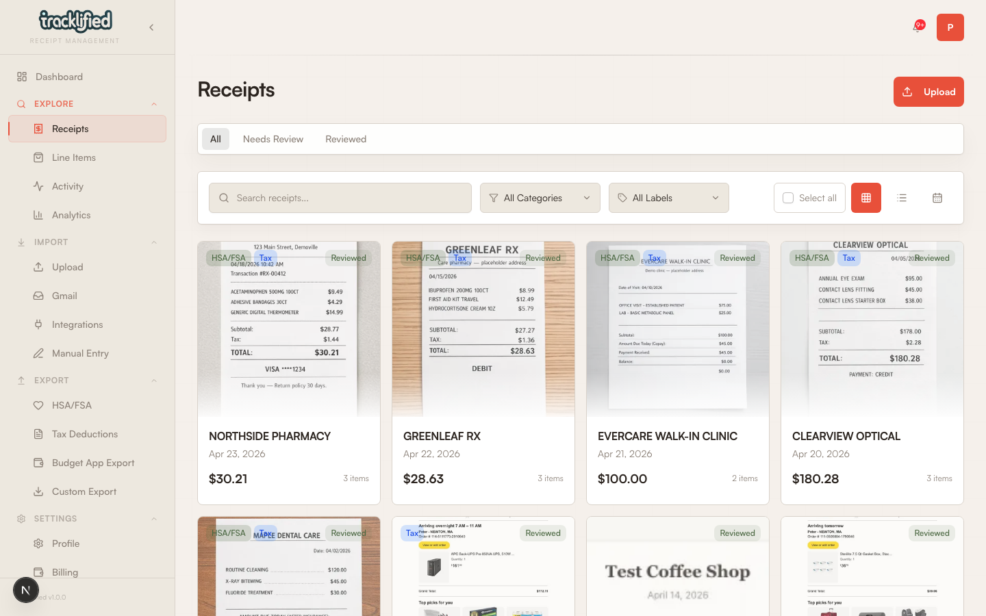 Receipts grid view