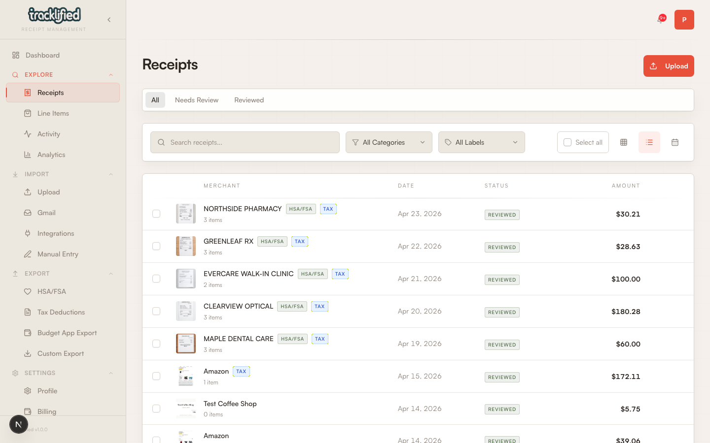 Receipts list view