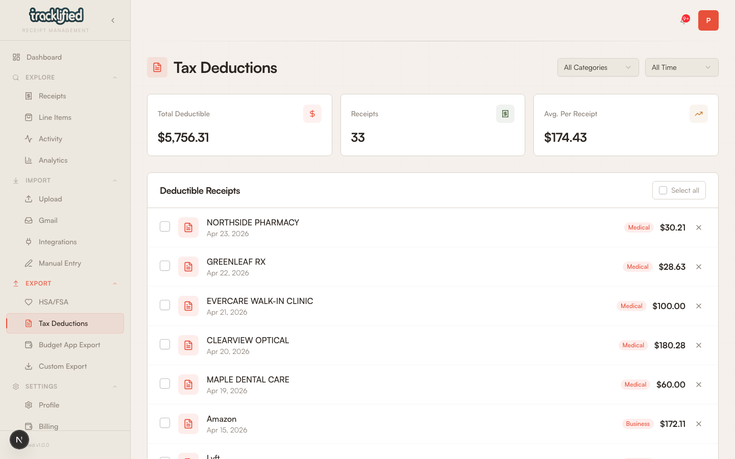 Tax export page