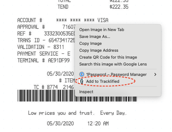 Right-click to add receipt image