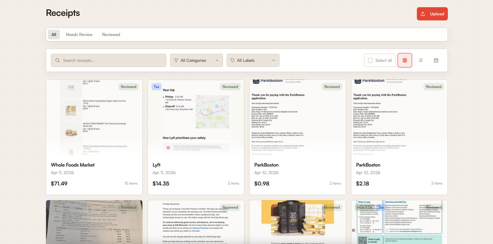 Tracklified receipt grid view